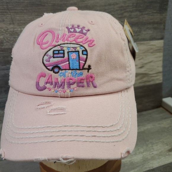 Queen Of The Camper Embroidered Distressed Baseball Cap Vintage Style Pink Hat - Picture 1 of 11